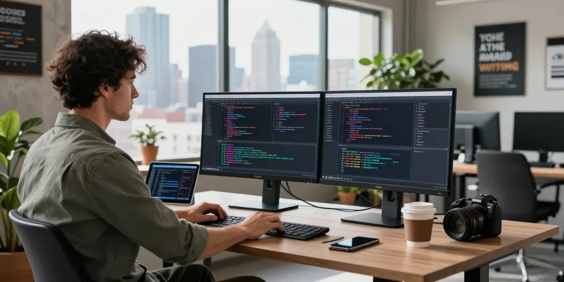 快连 software developer at desk coding with dual monitors in a collaborative workspace