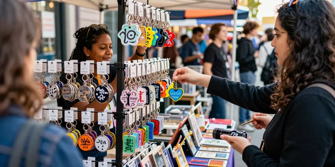 Colorful personalized keychains displayed at an urban market, showcasing unique designs and custom messages.