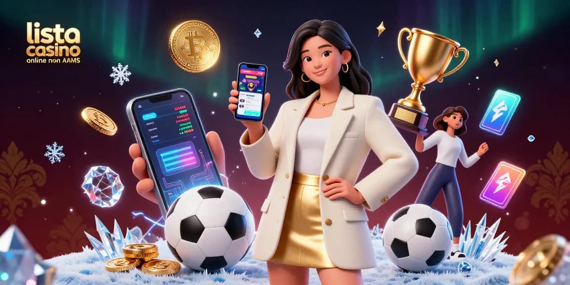 Gioca presso la lista casino online non AAMS con una donna asiatica cordiale che mostra un'app di scommesse sportive circondata da elementi crypto.