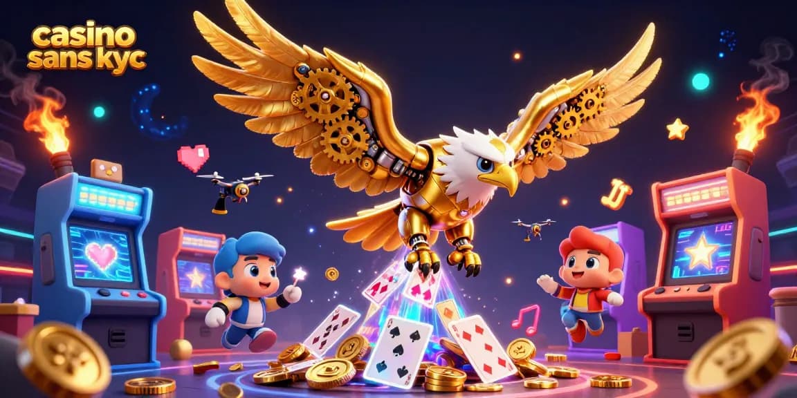Une scène captivante de jeu au casino sans KYC avec un aigle cybernétique volant parmi les cartes holographiques.