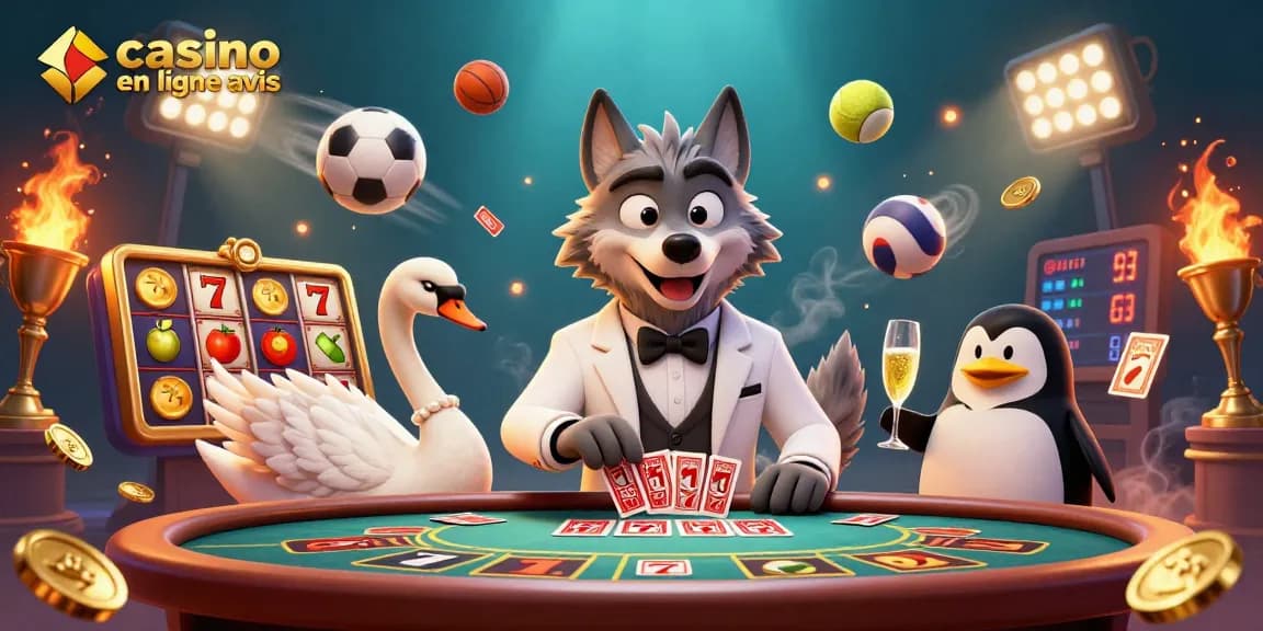 Image représentant un casino en ligne avis, avec un loup élégant jouant aux cartes à une table de baccarat.