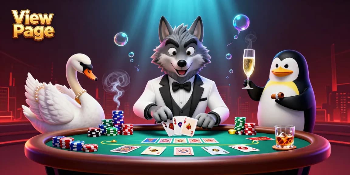 Experience a thrilling card game scene with the debonair wolf and elegant characters in "View Page" atmosphere.