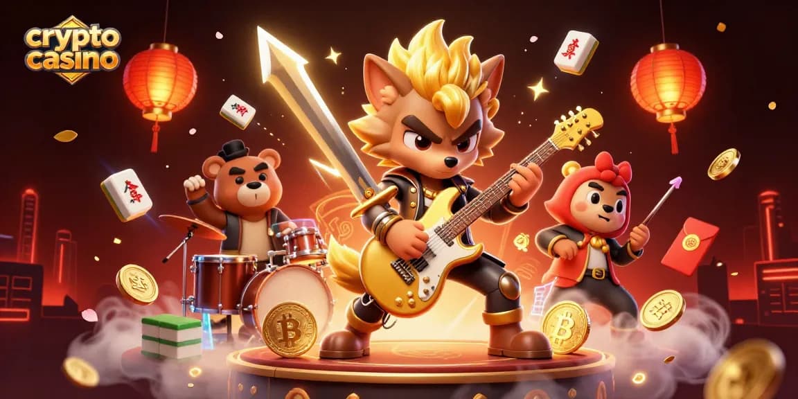 Jouez au crypto casino avec des pièces Bitcoin et Ethereum au milieu d'un concert animé.