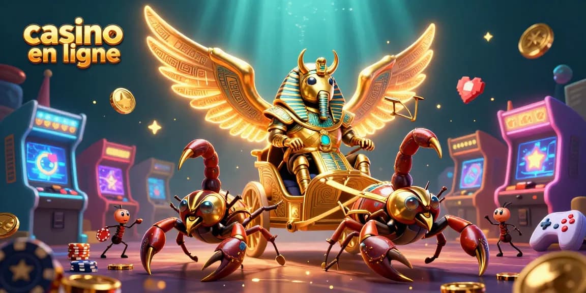 Visualisez des jeux captivants au casino en ligne avec une illustration de scarabée en or et des scorpions.