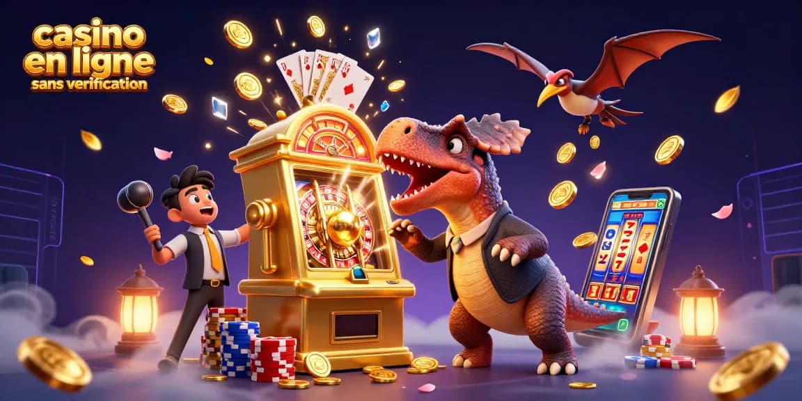 Jackpot à un casino en ligne sans vérification avec des personnages dinosaure et des pièces d'or volantes