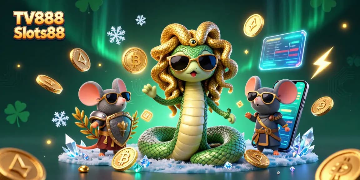 Engage in thrilling gameplay at TV888 Slots88 with stunning Medusa and warrior characters amidst bright crypto coins.