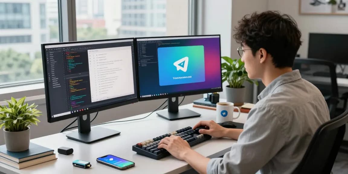 Developer using Telegram China 2026 in a modern workspace with dual monitors, focused on coding.