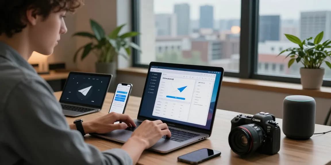 Young professional using 纸飞机中文版 app in a modern tech workspace with urban skyline
