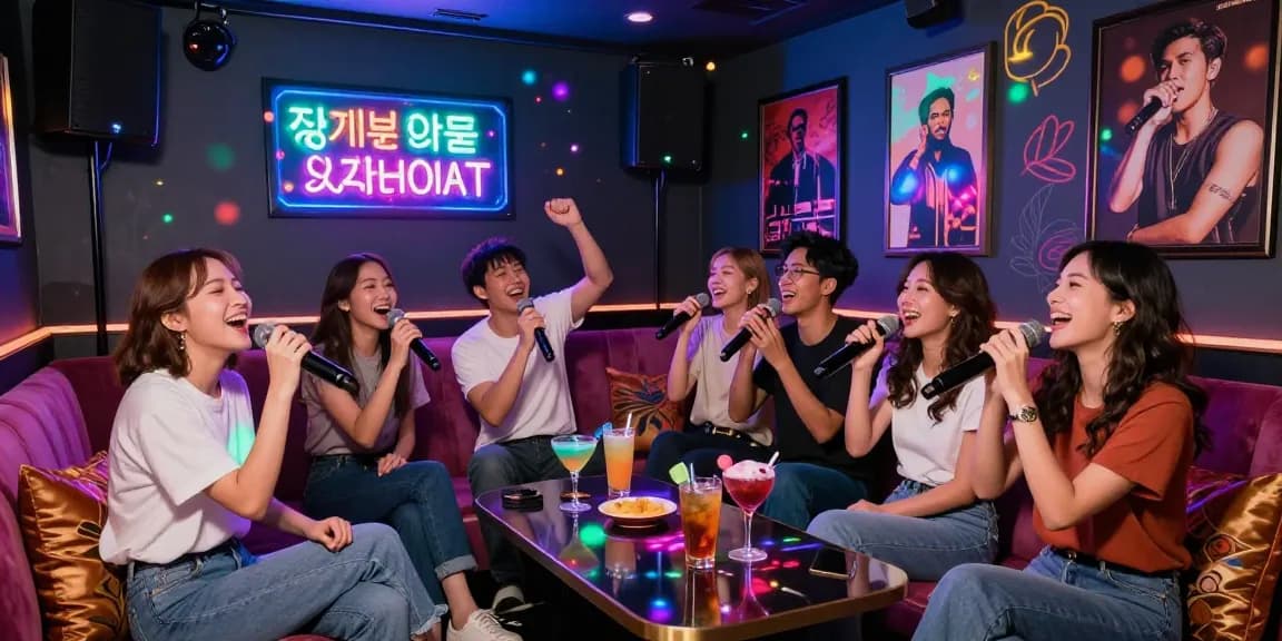 Experience the lively atmosphere of 강남가라오케 with friends singing and enjoying the vibrant party scene.