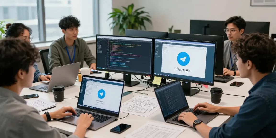 Explore how to access Telegram in China in 2026 with experts demonstrating VPN solutions in a collaborative workspace.