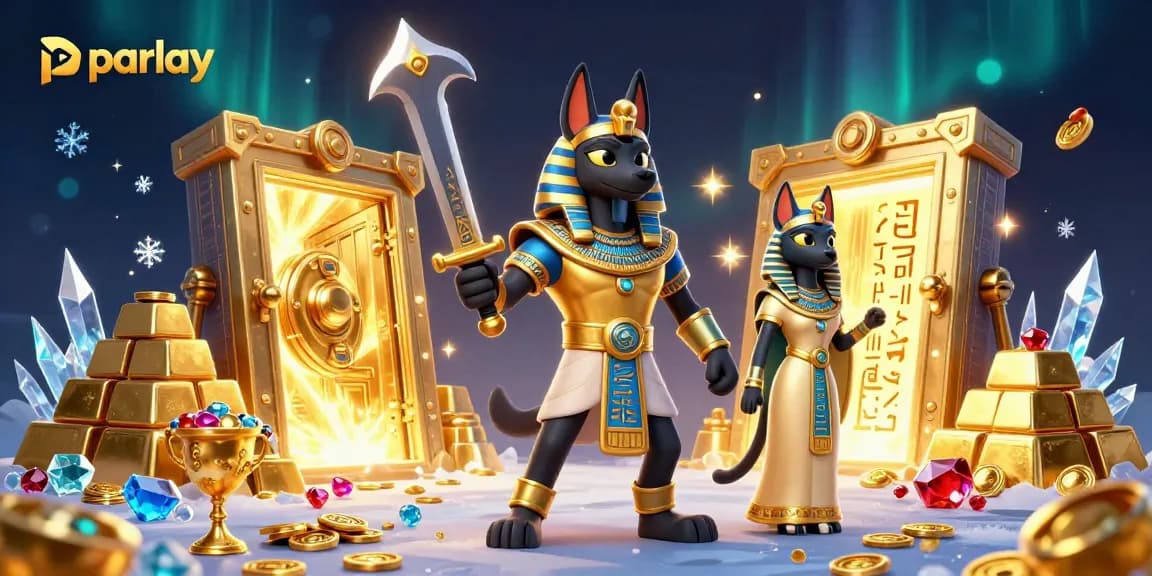 Parlay your bets with a striking 3D illustration of Anubis and Bastet amid casino treasures.