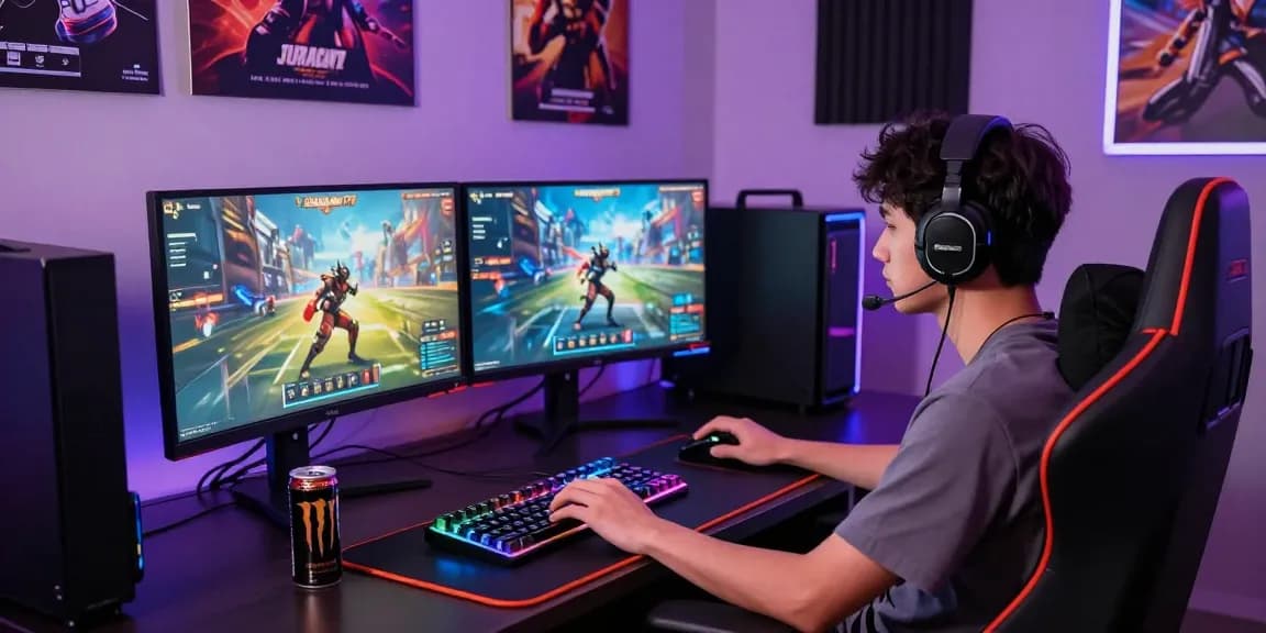 Pemain game di JURAGAN77 dengan setup modern dan monitor ganda di ruang yang penuh semangat.
