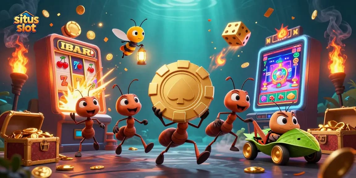Pemenang situs slot dengan karakter semut yang mencuri chip poker emas dalam suasana kasino yang meriah.