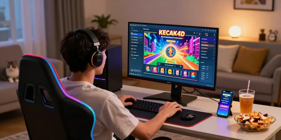 Exciting online gaming experience with a player immersed in the kecak4d slot game, vibrant graphics, and a modern gaming setup.