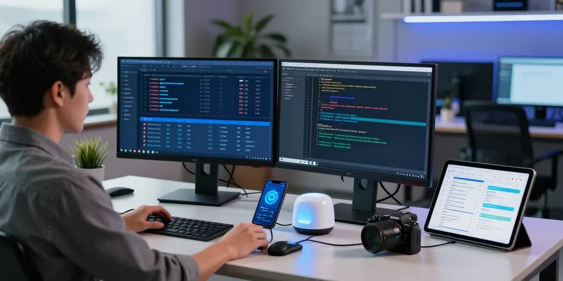 What is IoT security? A cybersecurity expert analyzing live security dashboards and coding scripts in a modern tech workspace.