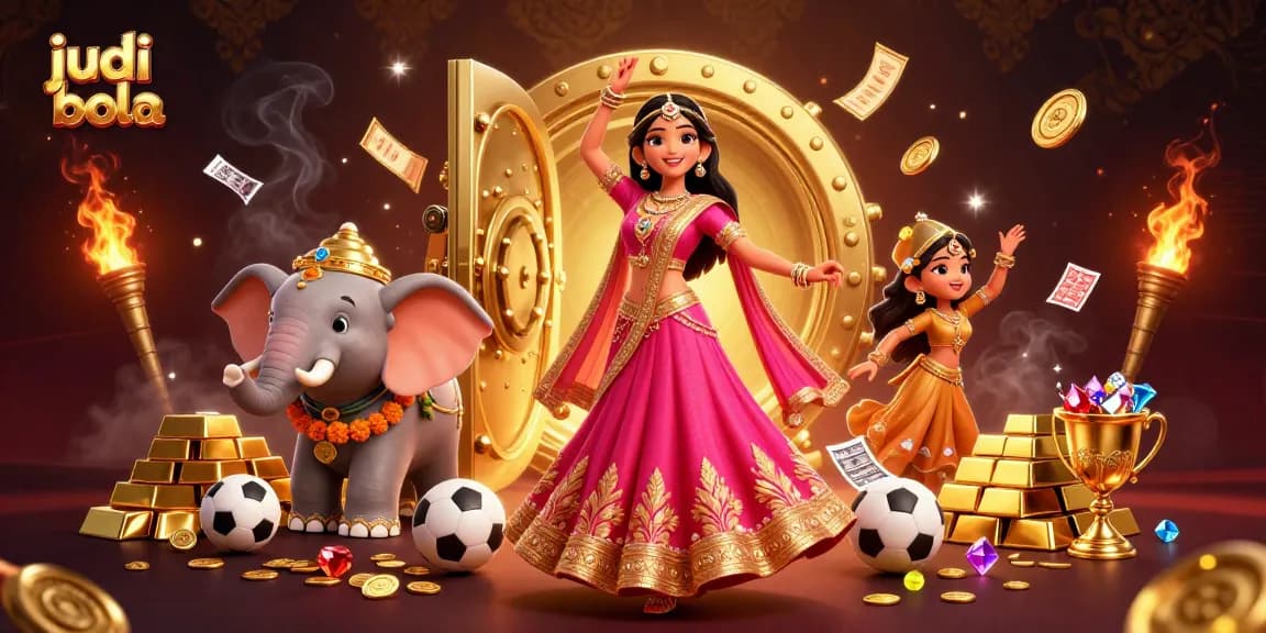 Bet on judi bola with vibrant scene featuring 3D characters and dynamic sports elements.