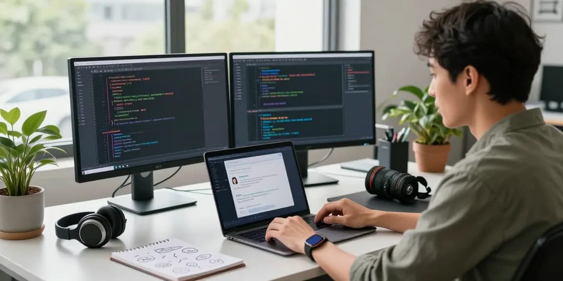 Engaged user interacting with an AI chatbot in a modern tech workspace.