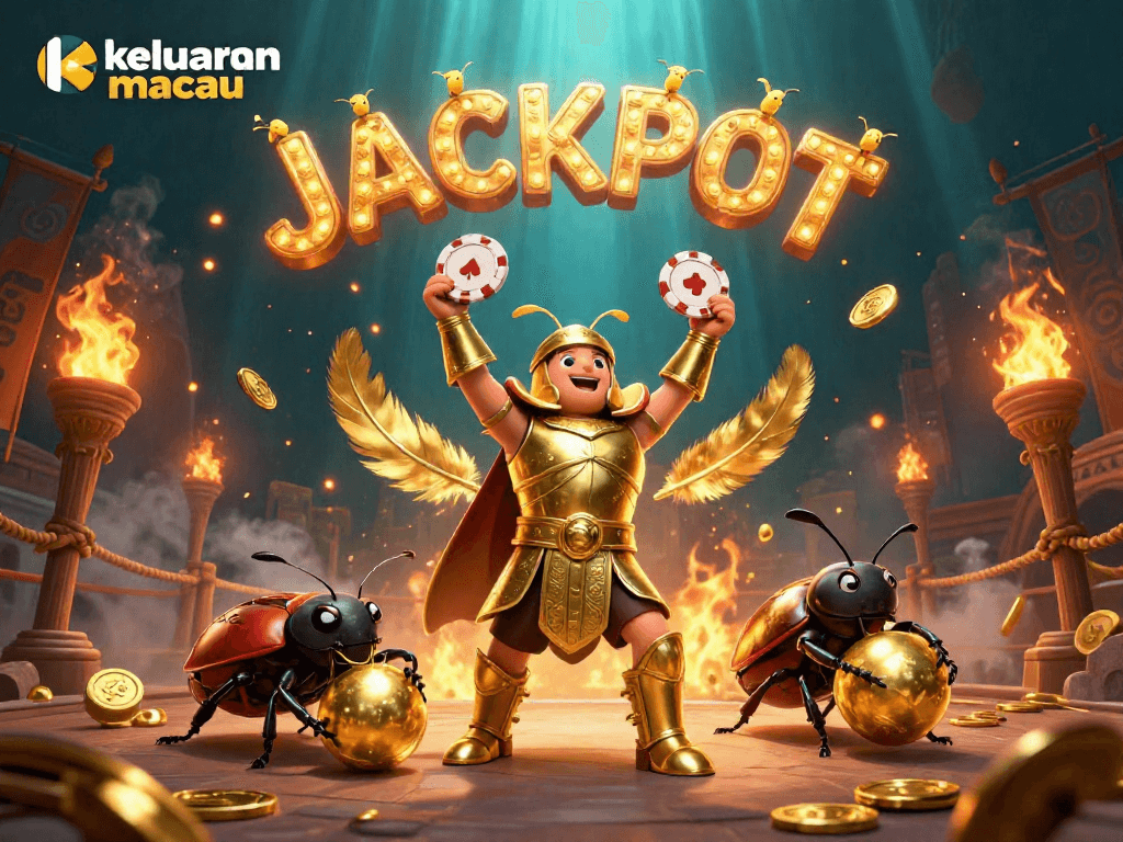 Visualizing keluaran macau with a victorious hercules beetle, emphasizing exciting casino elements.