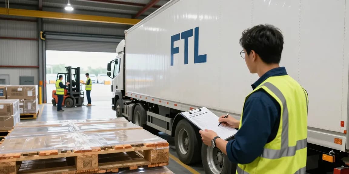 FTL Transport in Dortmund: Logistiker inspiziert Lkw in einem geschäftigen Lagerhaus mit Paletten und Containern.