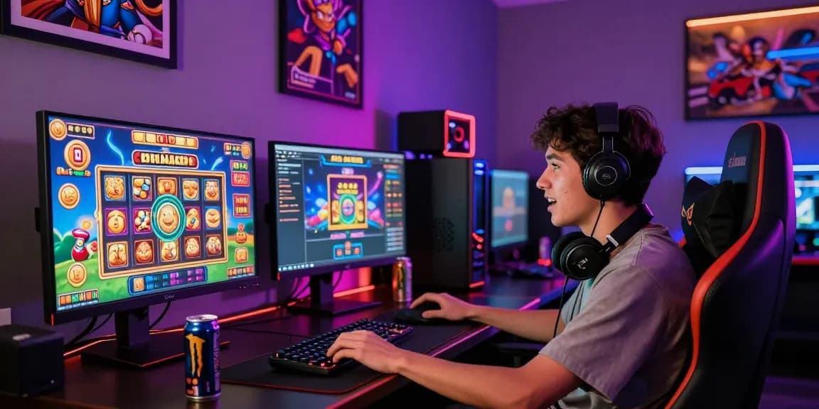Exciting situs slot gaming scene with a player immersed in colorful visuals and vibrant graphics.