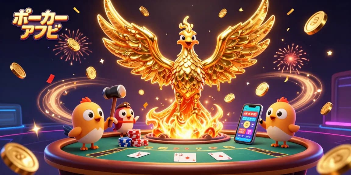 ポーカーアプリで賭けるプレイの興奮を感じる、煌めくコインの中のゴールドフェニックスのイラスト
