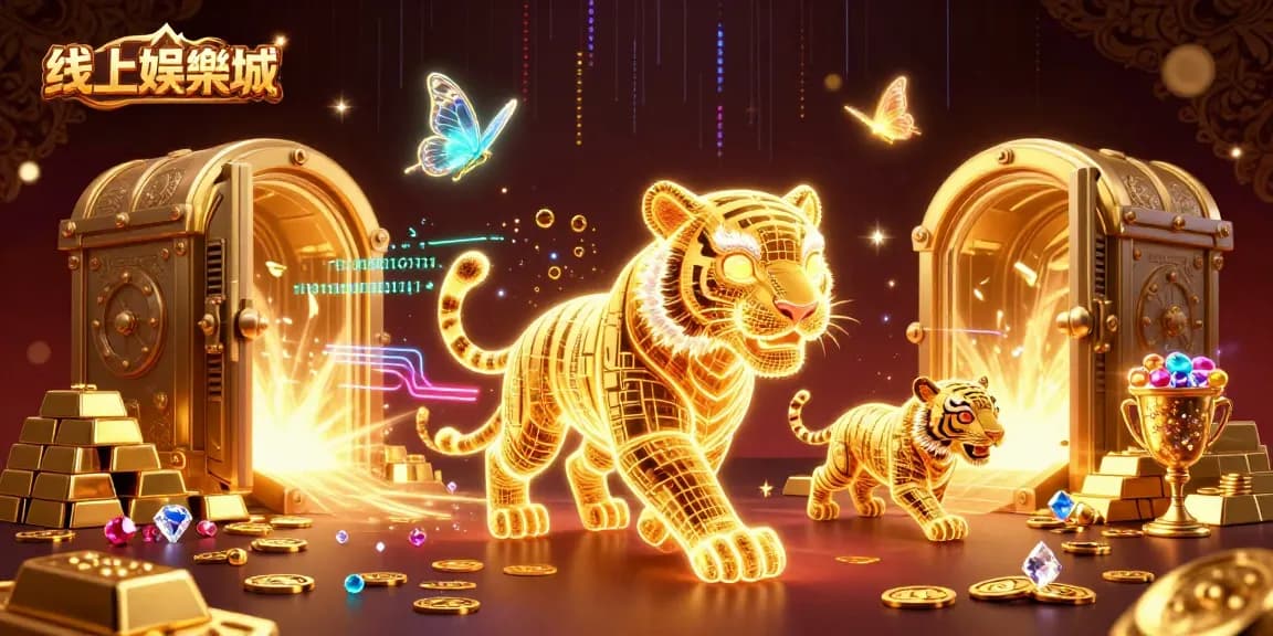 線上娛樂城中，3D金色光能老虎穿梭數位賭場，連同寶石與財富流動。