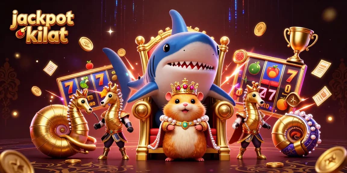 Experience exciting wins with jackpot kilat featuring a hamster king throne, slot elements, and vibrant casino graphics.