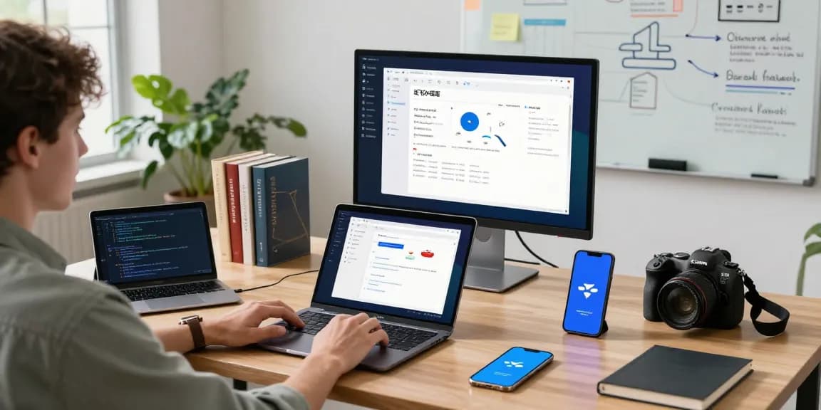 Engaging workspace showcasing the interface of 纸飞机中文版 on a modern laptop surrounded by innovative tech devices.