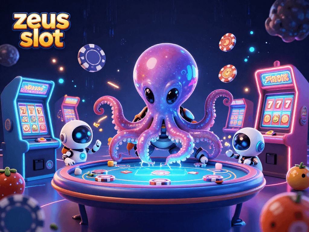 Experience excitement with zeus slot as a colorful 3D alien octopus operates a holographic poker table surrounded by vibrant casino elements.