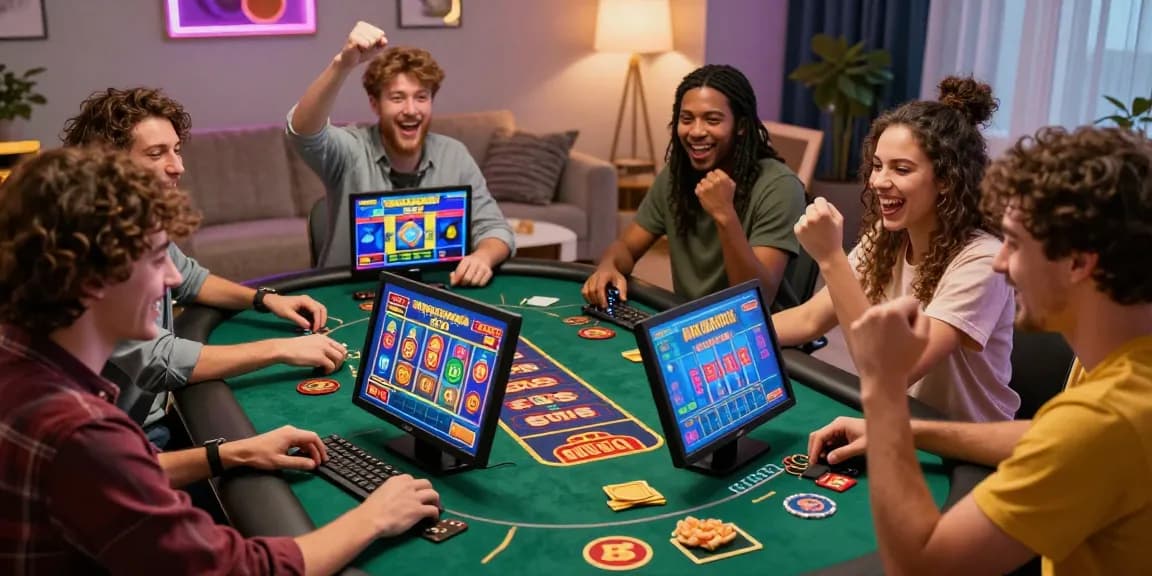 Ami(e)s appréciant des jeux de casino en ligne dans un cadre animé, célébrant leurs gains ensemble.
