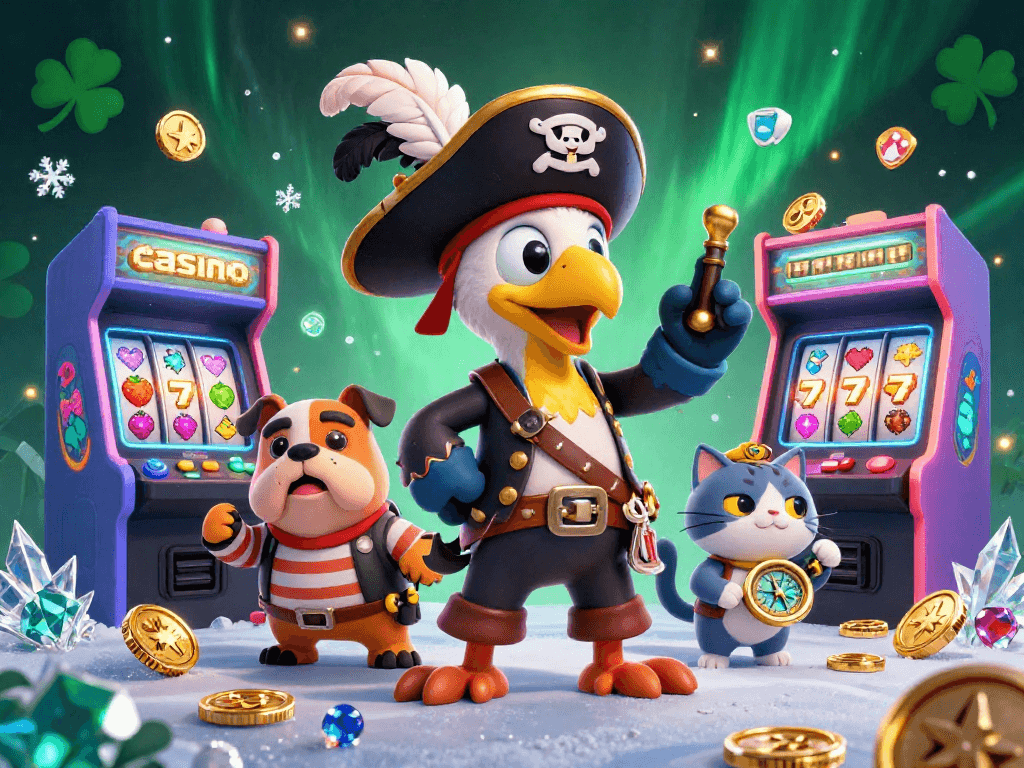 Engage with our casino adventure featuring a pirate captain, first-mate bulldog, and navigating cat amidst vibrant slot machines and treasures.