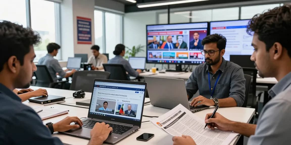 Journalists collaborating in a modern newsroom featuring https://www.theindaily.com, researching India's latest news trends.