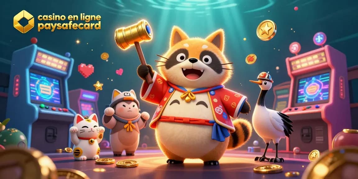Découvrez le casino en ligne paysafecard avec un tanuki en fête et des éléments de jeux 3D