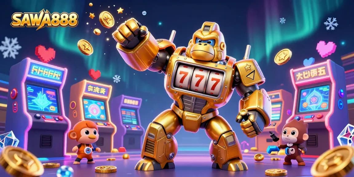 Experience thrilling gameplay with SAWA888, showcasing a dynamic golden gorilla mech and colorful arcade elements.