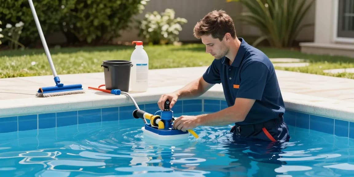 Professional technician performing servis bazenske tehnike on a home swimming pool, ensuring clear water and proper maintenance.