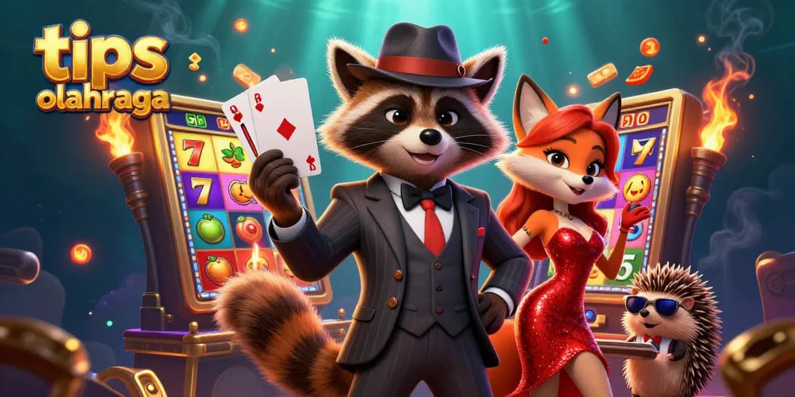 Try out tips olahraga at the colorful casino-themed illustration with slot machines and characters enjoying gaming.