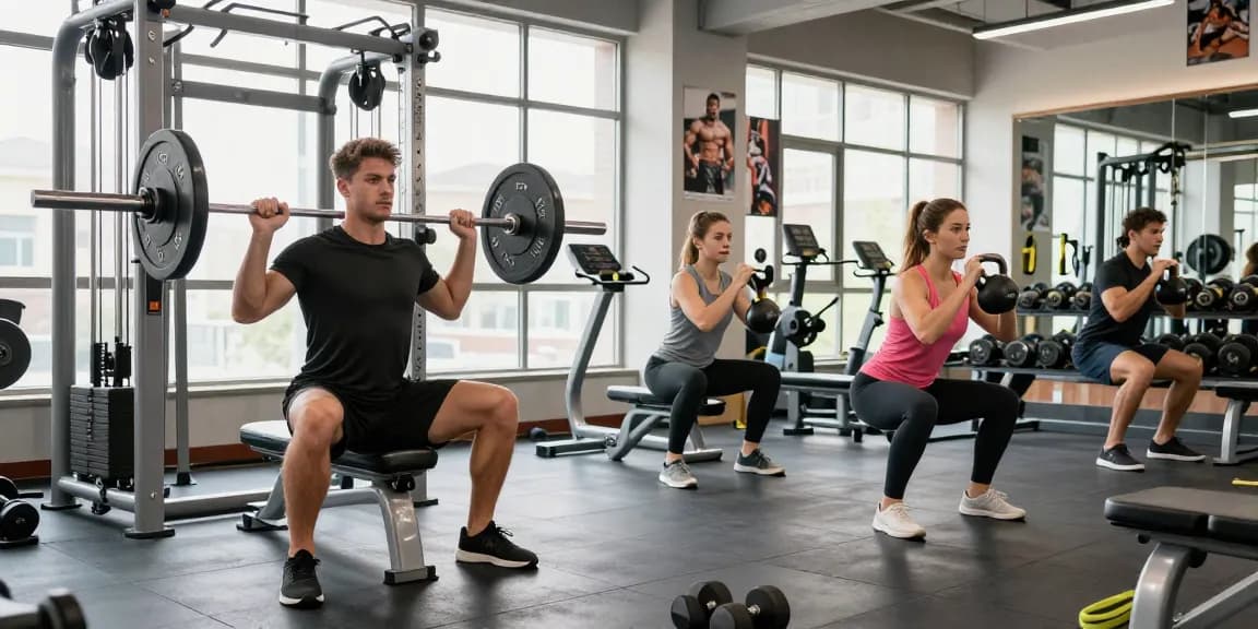 Athletes training in a modern gym, showcasing exercises in the Deus Medical Shop context.