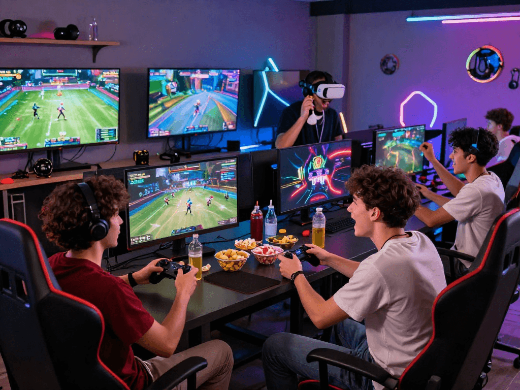 Raja328 login scene with friends enjoying an energetic online gaming session in a vibrant room.