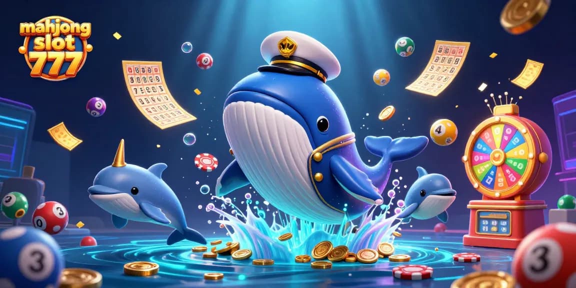 Engage with the exciting world of mahjong slot 777 as a whale breaches through coins with vibrant gaming elements.