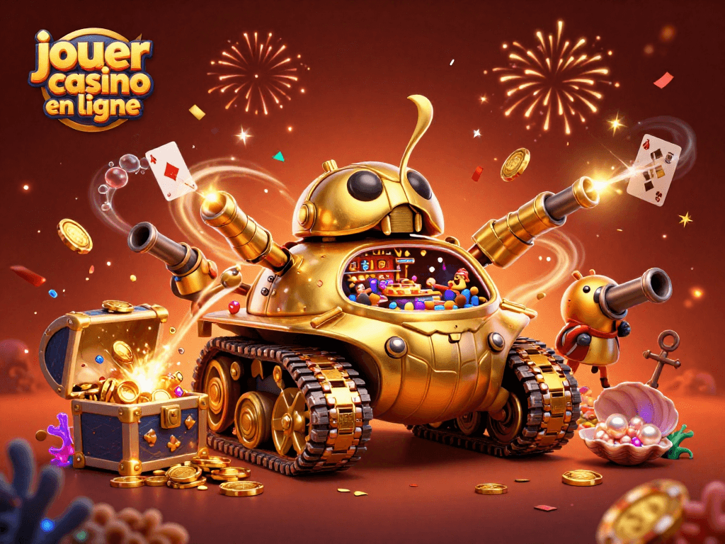 Jouer au casino en ligne avec une scène festive de jeu représentant un tank doré et des jeux de casino.