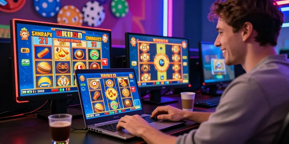 Excited player engaging in online slot games with เว็บ สล็อต ไม่มี ขั้น ต่ำ ผ่าน true wallet options on laptop amidst vibrant casino graphics and colorful elements.