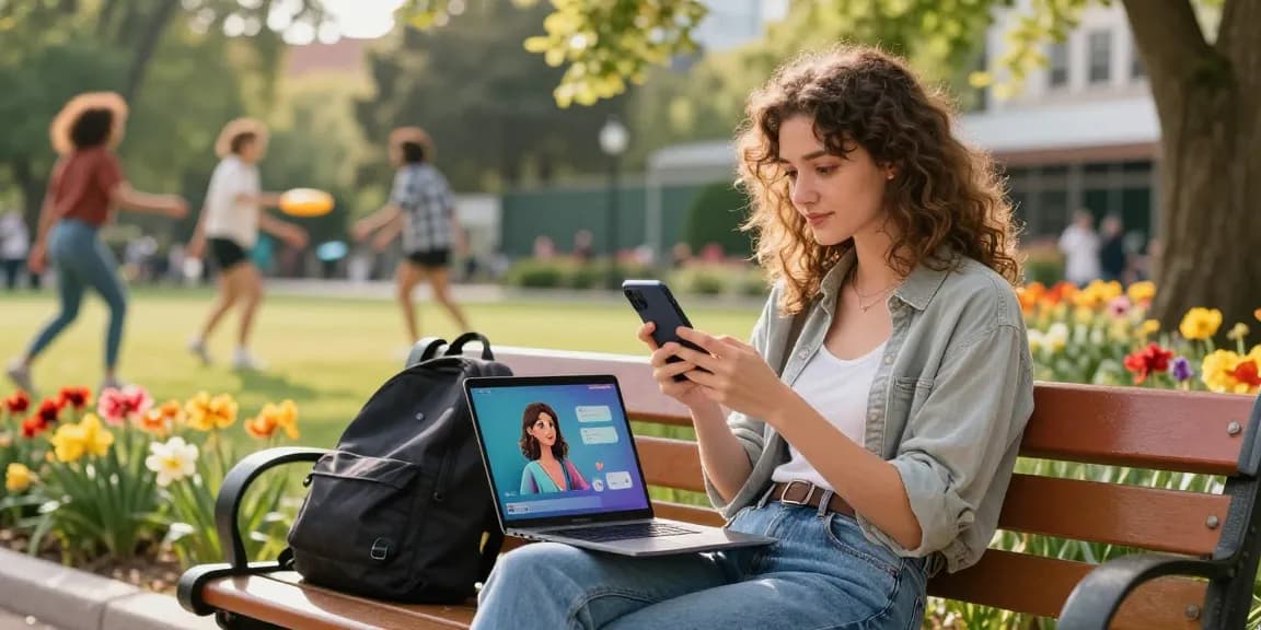 Young woman engaging with her AI girlfriend through her smartphone in a vibrant park setting.