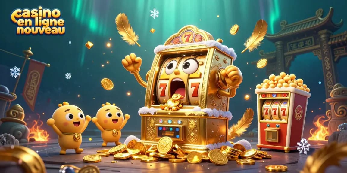 Découvrez des gains spectaculaires avec le casino en ligne nouveau, illustré par une machine à sous dorée qui célèbre un jackpot.