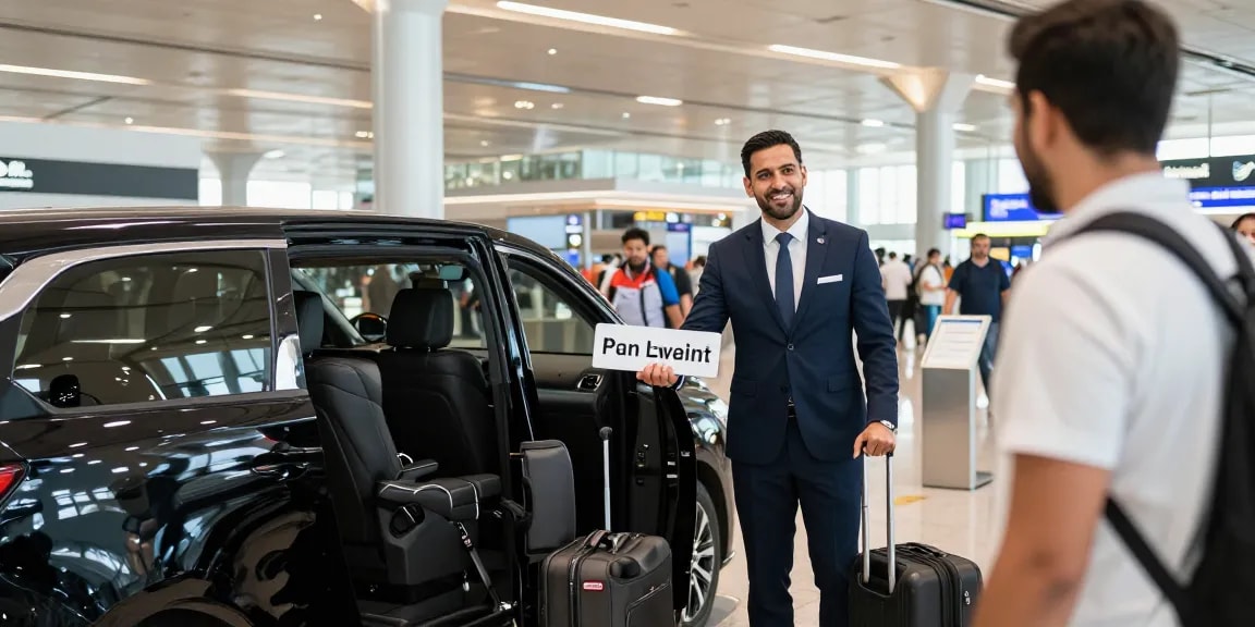 Airport chauffeur service in Dubai with professional driver welcoming passenger at airport.