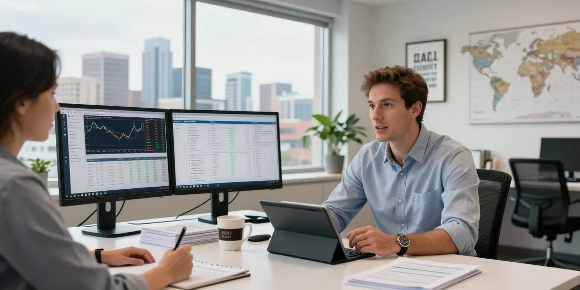 Nathan Garries consulting in a modern financial office, showcasing expertise in client relations.