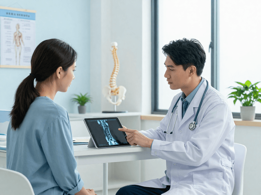 Explaining Boyun fıtığı ameliyatı options to a patient in a modern medical office.