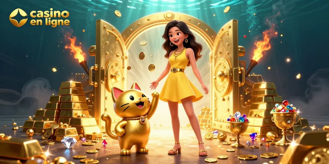 Vivez de gros gains au casino en ligne avec des personnages festifs et des trésors dans cette scène vibrante.