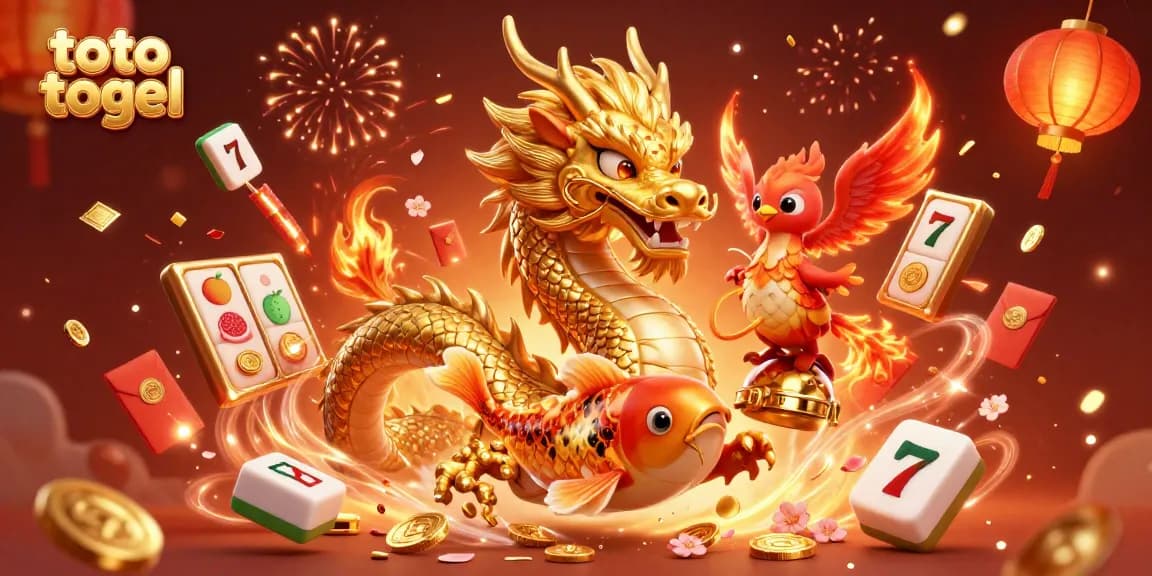 Engaging illustration of toto togel with a golden dragon, phoenix, and koi fish amidst vibrant casino elements.