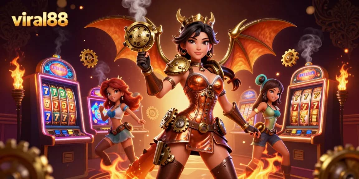 Play exciting slot games at viral88, featuring stunning steampunk characters and vibrant casino elements.
