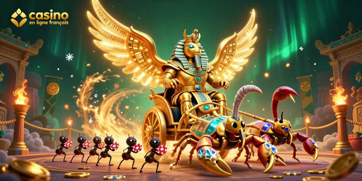 Profitez des jeux au casino en ligne français avec un scarabée doré majestueux et des jetons de poker